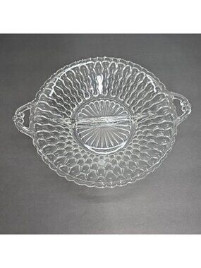 Vintage Indiana Glass Honeycomb Handled Clear Divided Relish Candy Dish Bowl Art